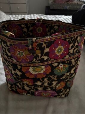 Vera Bradley Black Floral Quilted Cotton Tote with Multicolor Blooms